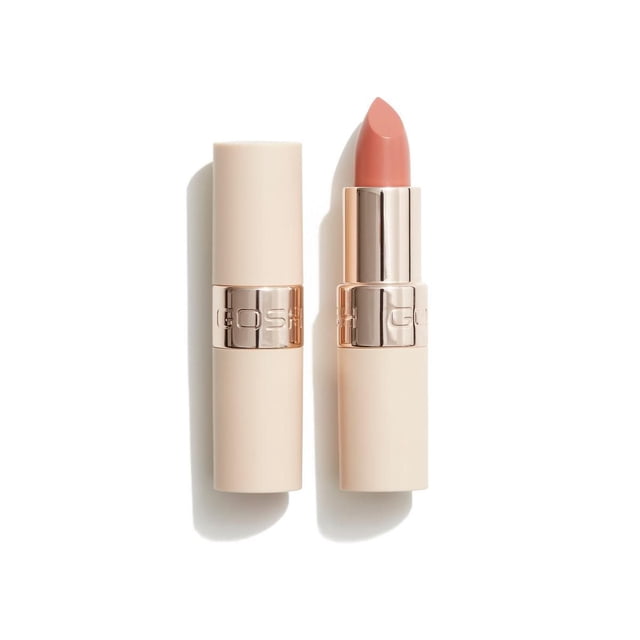 GOSH - Luxury Nude Lips - 001 Nudity lipstick in beige matte tube with rose gold band embossed with GOSH logo, showing soft nude bullet with semi-matt shine, vegan formula, and long-lasting hydration for natural lip enhancement.