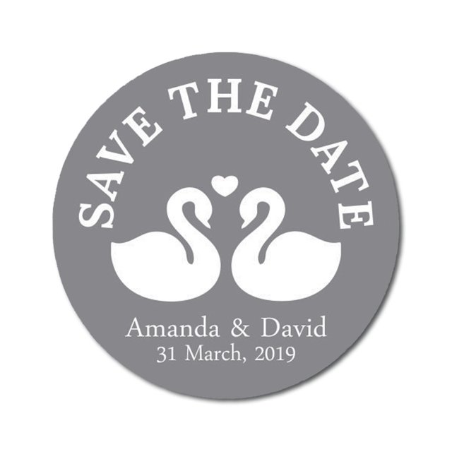 Darling Souvenir Round 45 Pcs Loving Swans Save The Date Stickers Personalized Bride Groom Names And Date Envelope Seals - Gray