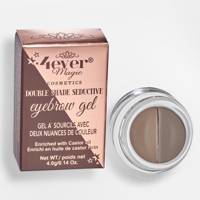 4EVER MAGIC COSMETICS Eyebrow gel BLONDE with a clear round jar containing two creamy gel shades, light and dark blonde, alongside its rose gold and brown box labeled with castor oil enrichment and 4.0g/0.14 oz net weight, designed for filling and defining eyebrows with a water-resistant, smudge-free formula suitable for natural daytime or dramatic evening looks.