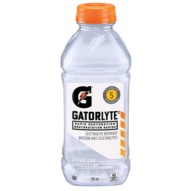 Gatorlyte Cherry Lime Electrolyte Beverage 591 mL bottle with clear plastic body and orange cap, featuring rapid rehydration label and 5 electrolytes, a low-calorie sports hydration drink suitable for replenishing fluids and minerals during physical activity.