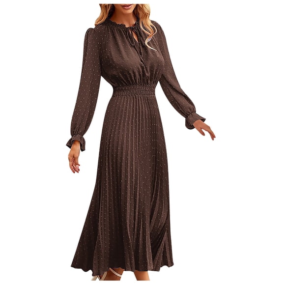 cfhntfmh Wedding Guest Dresses for Women Trendy Cutout Ruffle Crewneck Smocked Maxi Dress Loose Pleated Party Dress
