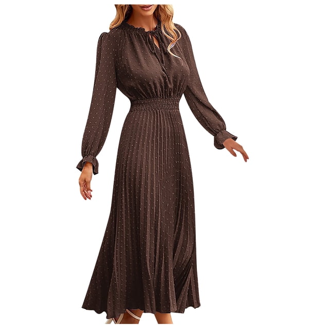 cfhntfmh Robes d'Invitée de Mariage pour Femmes Tendance à Découpes à Volants Col Ras du Cou Robe Maxi Smockée Ample Plissée Robe de Soirée