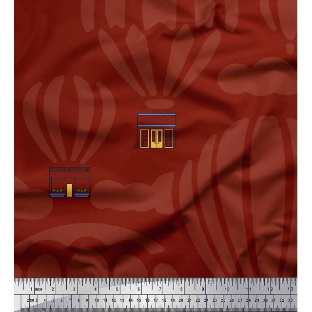 Soimoi Red Poly Georgette Fabric Architectural Structure & Hot Air Balloon Holiday Decor Fabric Printed Yard 42 Inch Wide