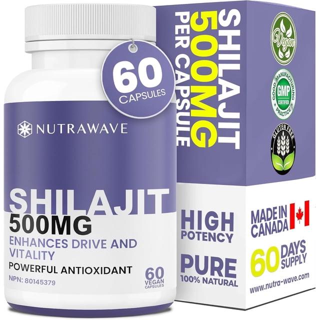 Nutrawave Shilajit 500 mg – 50% Acides fulviques, complexe minéral tracé, énergie & Soutien de la vitalité, 60 Capsules de végétaliens, non OGM, sans gluten