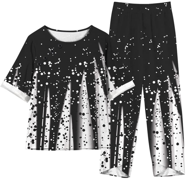 Mikilon Ensemble Élégant pour Femmes 2 Pcs Imprimé Manches 5/10 Col Rond + Pantalon Décontracté Ensemble Chic et Confortable Manches Courtes Col Rond Noir-C m
