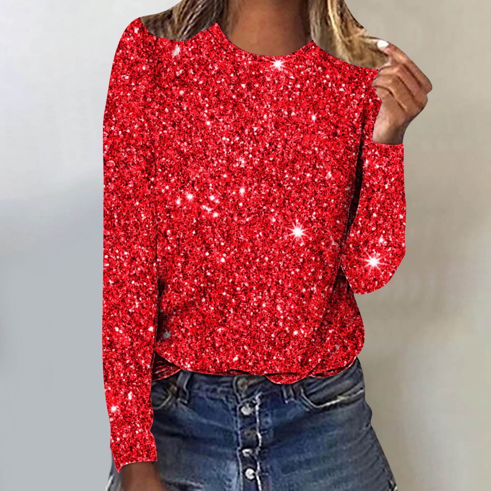 zanvin Chandails à Manches Longues à Imprimé de Paillettes pour Femmes, Coupe Ample Décontractée, T-Shirts à Col Rond, Chemisiers Scintillants pour Fête, Rouge, m