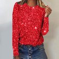 thumbnail image 1 of zanvin Chandails à Manches Longues à Imprimé de Paillettes pour Femmes, Coupe Ample Décontractée, T-Shirts à Col Rond, Chemisiers Scintillants pour Fête, Rouge, m, 1 of 4