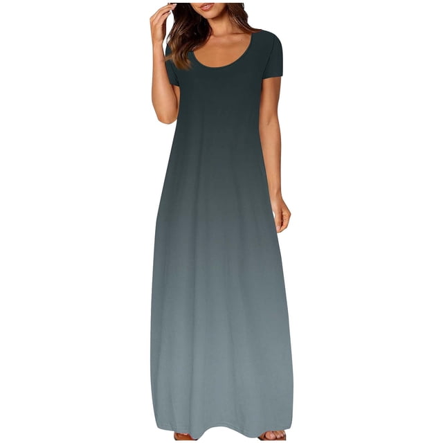fatyb Robes Maxi à Manches Courtes pour Femmes Col Ras du Cou Décontractées Longues Robes Imprimées Robes T-Shirt d'Été