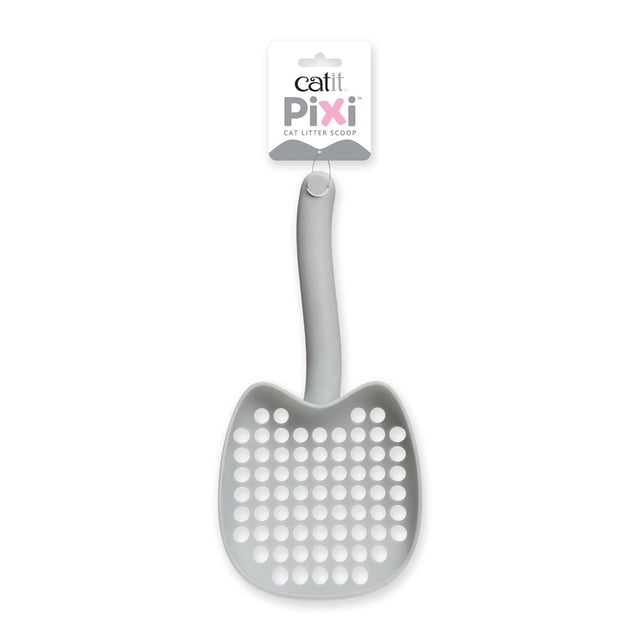 Catit PIXI Cat Litter Scoop gray 32 cm with cat-head shaped wide scoop featuring large holes for easy sifting, ergonomic curved handle, and integrated hook for hanging, ideal for lightweight natural clumping litters.