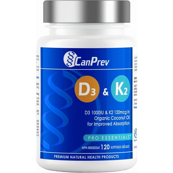 CanPrev D3 & K2 Vitamins 120 Softgels, 120-Day Supply, 1000IU Vitamin D3 & 120mcg K2, Supports Strong Bones, Teeth & Heart Wellness, Easy-to-Absorb with Organic Coconut Oil, No GMO, Gluten, Soy, Dairy