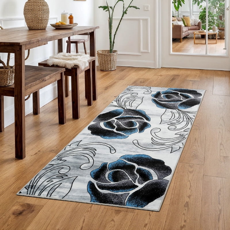 Marina Decoration Décor Tapis de Couloir de Luxe Antidérapant en Caoutchouc, Design Floral Rose Noir Bleu, 26 x 60 Pouces