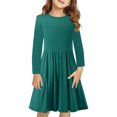 thumbnail image 1 of 2025 Robe Fille Manches Longues Couleur Unie Extensible Évasée Fluide Midi Robes Robe Patineuse Tournoyante Vert, 1 of 9