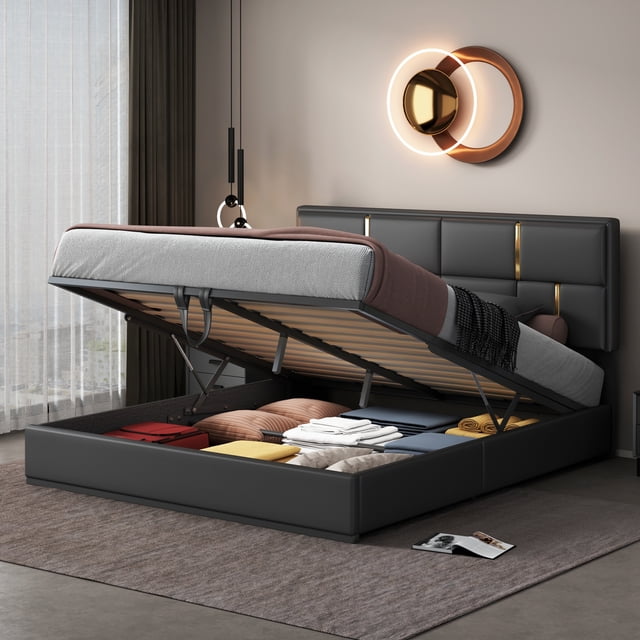 Velmero Queen Size Upholstered Storage Bed with Hydraulic Lift & Easy Assembly - No Box Spring Required,Black