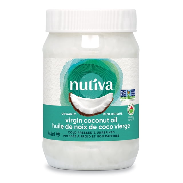 Nutiva Huile de Coco Biologique Pot de 444 ml avec Couvercle à Vis Blanc et Étiquette Turquoise Présentant une Moitié de Noix de Coco, Étiquetée Vierge, Pressée à Froid, Non Raffinée, non-OGM et Biologique, Contenant 62 % de Triglycérides à Chaîne Moyenne, Idéal pour les Huiles de Cuisson et les Soins du Corps.