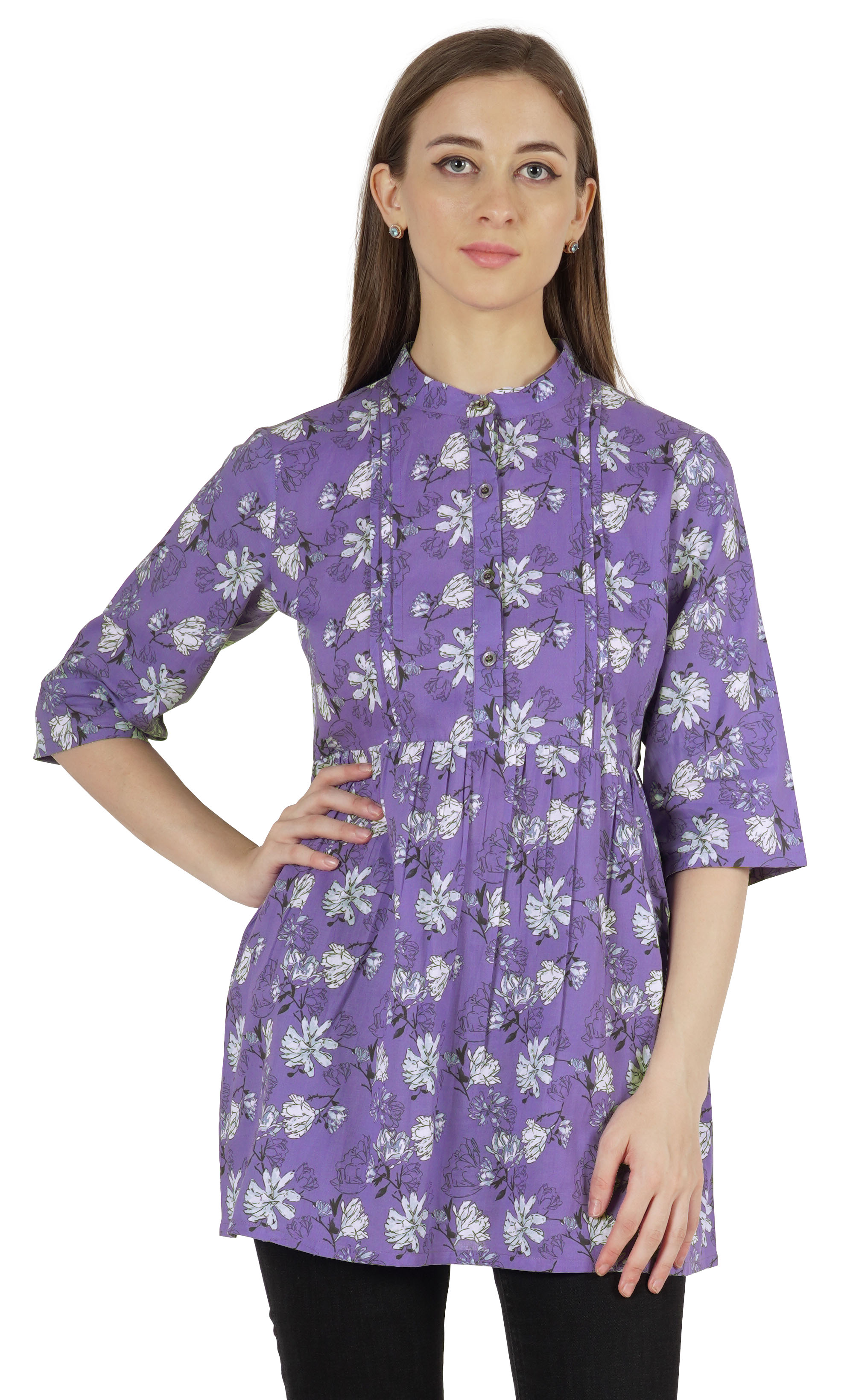 Moomaya Tunique en Coton Imprimé pour Femmes, Col Mandarin, Tenue Ethnique, Kurti à Épingles