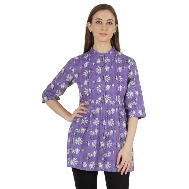 Moomaya Tunique en Coton Imprimé pour Femmes, Col Mandarin, Tenue Ethnique, Kurti à Épingles