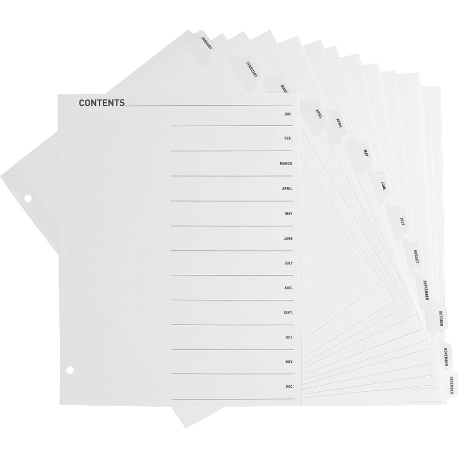 Business Source BSN05856 Séparateur d'Onglets Imprimable 12 Onglets Jan.-Dc Blanc - 1 Ensemble