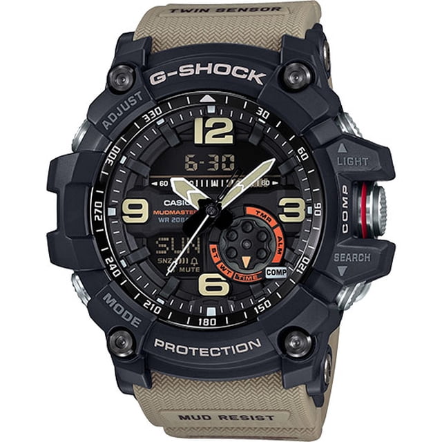 G Shock Mudmaster GG1000-1A5 Casio Digital Sports Watch for Men with a durable black resin and stainless steel case, beige resin band, and analog-digital hybrid display. Features include shock resistance, mud resistance, 200-meter water resistance, LED backlight, digital compass, thermometer, and military-grade durability for extreme outdoor conditions.