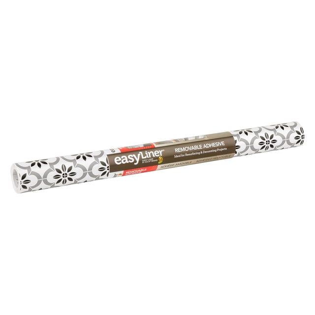 EasyLiner Contact Paper Removeable Adhesive Shelf Liner in black tile pattern, 20 in. x 20 ft., rolled with removable adhesive backing and pre-printed paper liner with measuring guidelines, ideal for resurfacing and organizing kitchen shelves and drawers, also suitable for craft projects.