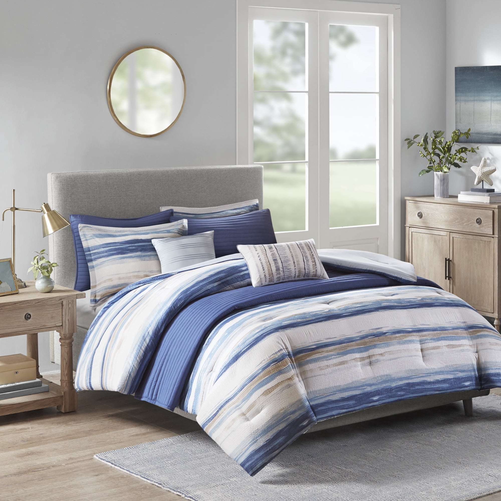 Madison Park Blue Marina 8 Piece Printed Seersucker Comforter and Coverlet Set Collection Full/Queen