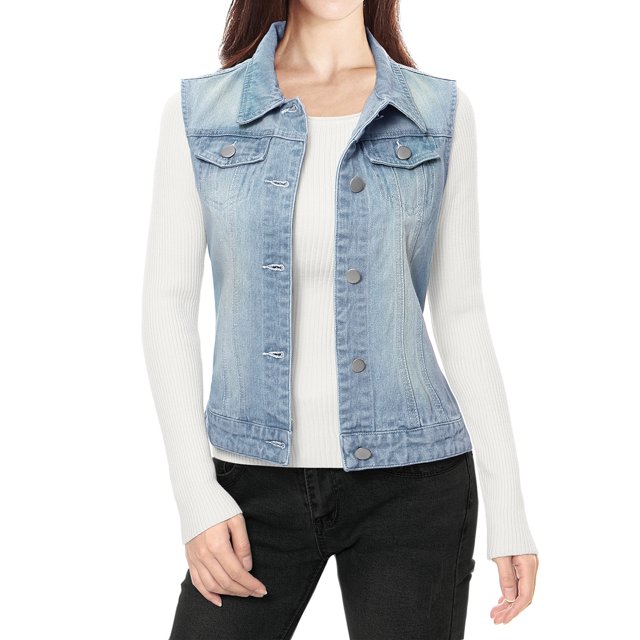 INSPIRE CHIC Women's Washed Denim Button Sleeveless Vest Jacket with Pockets in XS Sky Blue. This vest features a sleeveless design, turn down collar, and single-breasted button closure. Made from a lightweight cotton-polyester blend, it includes double flap chest pockets and a regular fit for layering over tops. The sky blue washed denim finish adds a retro touch, ideal for casual outfits in spring, summer, or fall.