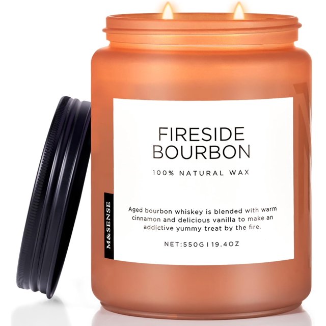 M&SENSE Fireside Bourbon Candles Strong Scented, 2 Wick Jar Candle 19.4oz 110 Hour Long Lasting, Organic Natural Soy Wax Candle for Bedroom Kitchen Home Decor, Warm Housewarming Candle Gift MSS603L08