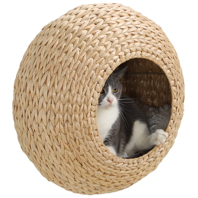 PawHut Cat Étagère Murale, Condo Cat Mural avec Coussin, Beige. une Étagère Cat Sphérique Murale en Matériau Naturel de Queue de Chat avec une Finition Beige. Comprend une Ouverture Circulaire et un Coussin Intérieur Doux et Amovible pour le Confort. Conçue pour les Chats de Moins de 11 Lb (5 kg), Elle Offre un Espace de Détente Douillet Tout en Économisant de l'Espace au Sol. Quincaillerie Incluse pour une installation Sécurisée.
