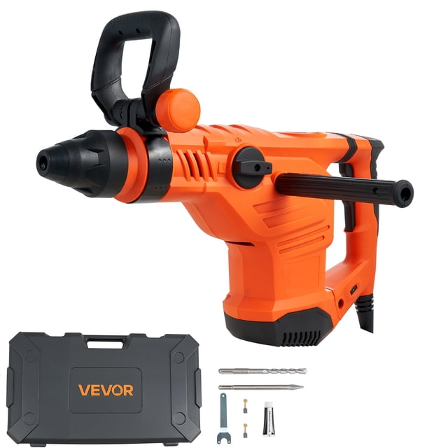 VEVOR SDS-Max 2-Inch Corded Rotary Hammer Drill Kit featuring a 1600W motor, 175-350 RPM speed, and 25J impact energy. The orange and black drill includes an ergonomic handle, SDS-Max chuck, and multi-function knob for hammer, drill, and chisel modes. Comes with a durable carrying case, drill bit, pointed chisel, carbon brushes, wrench, and grease tube. Ideal for concrete, masonry, and metal projects.