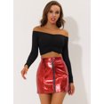 thumbnail image 3 of Unique Bargains Jupe Mini Trapèze Métallisée Holographique Taille Haute pour Femme, Rouge, G, 3 of 5