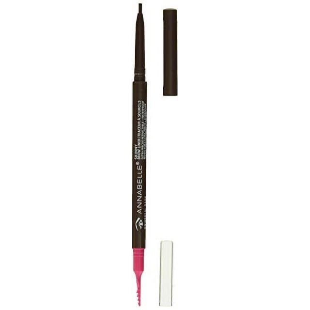 Annabelle Skinny Brow Liner - Universal Dark retractable micro-pencil, centered close-up showing slim twist-up stick with fine tip and separate brow-shaping comb; matte rich formula, precise for hair-like strokes, waterproof, hypoallergenic, easy to blend and long-lasting, often used for touch-up shaping or precise eyeliner tightlining.