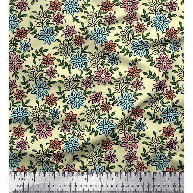 Soimoi Poly Georgette Fabric Leaves & Floral Block Print Fabric by Yard 52 Inch Wide