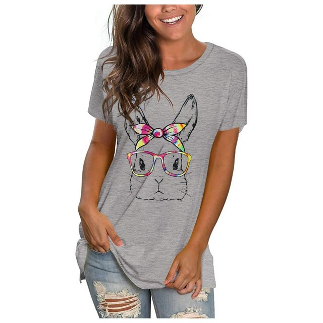 AMERTEER CieKen Femmes Mignon Visage Bunny Lunettes T-Shirt Imprimé Manches Courtes Col Rond Hauts T-Shirt pour Femmes