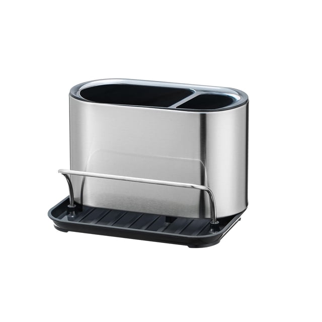 Maison Kleen Deluxe Sink Organizer with two compartments for brushes and soap bottle, fingerprint-resistant rust-proof stainless steel, drip tray with raised edges, and front rail for drying sponges or dish towels, suitable for kitchen sink organization.