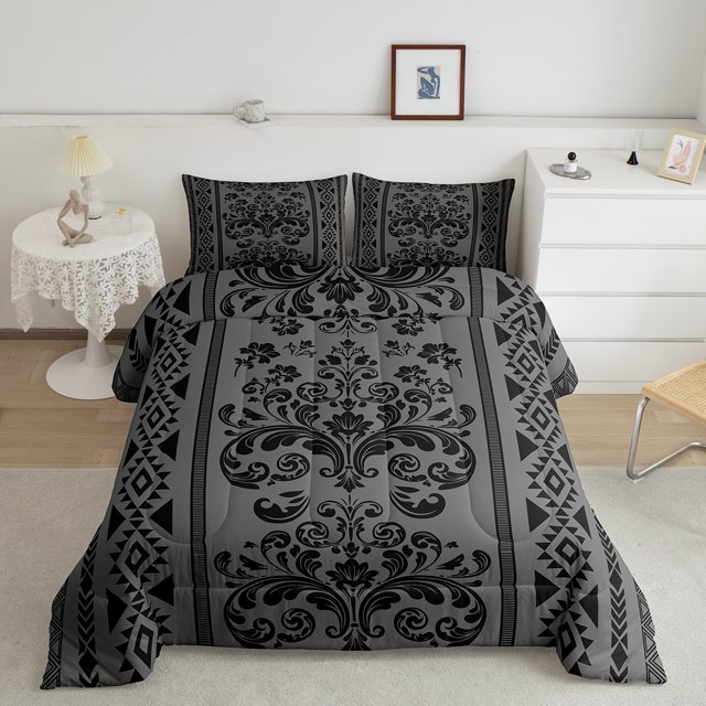Erosebridal Grey Damask Flower Bedding Full Comforter Set, Retro Boho Down Comforter, Mandala Hippie Decor, Reversible