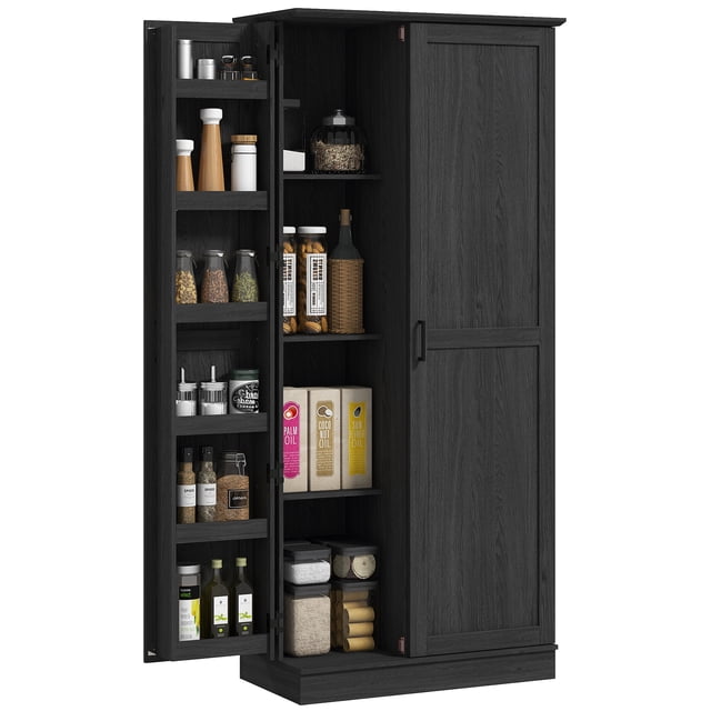 HOMCOM 70" Tall Kitchen Pantry Storage Cabinet with Door Shelves in black wood grain finish. Ideal for kitchen storage and pantry organization, it features eight-tier shelves and six spice racks for ample storage. Adjustable shelves accommodate various item sizes. Anti-tipping design ensures safety, and melamine-faced surface resists scratches for easy cleaning.