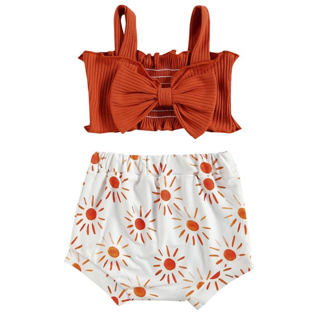 Xingqing 2PCS Infant Baby Girls Solid Color Bow Tank Tops with Printed Triangle Shorts
