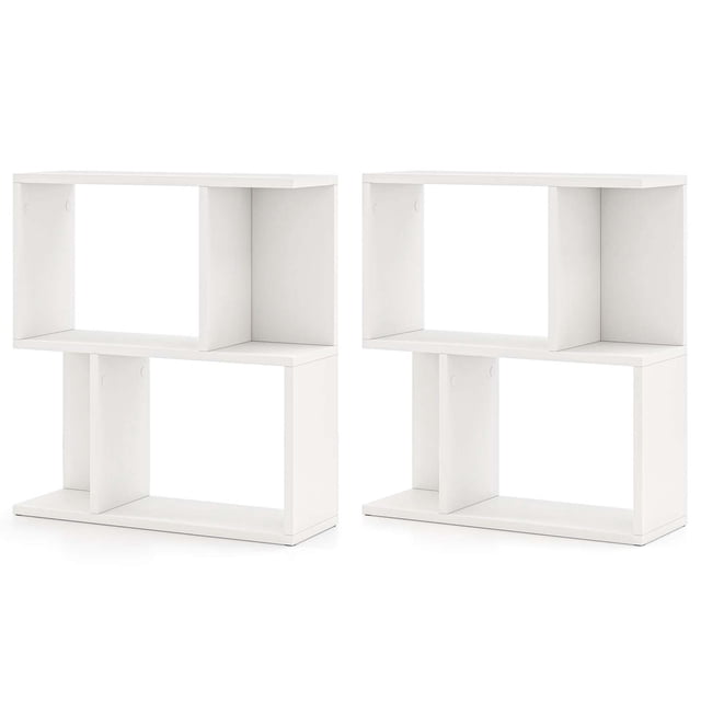 Costway 2 Pcs Bibliothèque à 3 Niveaux Étagère Géométrique Table d'Appoint avec Rangement Ouvert Étagère de Présentation Blanc