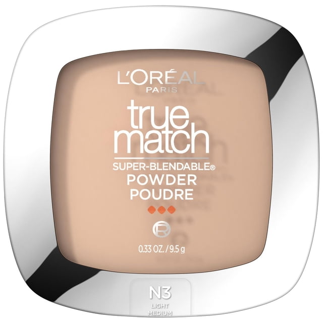 L'Oréal Paris True Match Powder 9.5 g in N3 Light Medium shade, compact with reflective silver rounded square case, super-blendable powder foundation offering sheer to medium coverage, suitable for setting makeup or touch-ups.