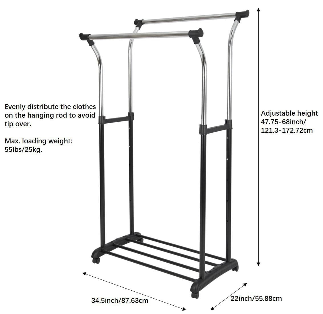 Mainstays Double Rod Garment Rack, Rolling Clothes Organizer, Black/Chrome, Flared Design, Adjustable Height, Storage Long and Short Garments