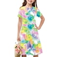thumbnail image 1 of Liquidation Ventes Aujourd'hui Offres Iumwxz Tunique Robe Plissée Ample Robe Ligne A Robes Col Rond Teinture sur Nœuds Graphique Manches Courtes Robe pour Filles Robes Décontractées pour la Maison Fête 4-14a, 1 of 7
