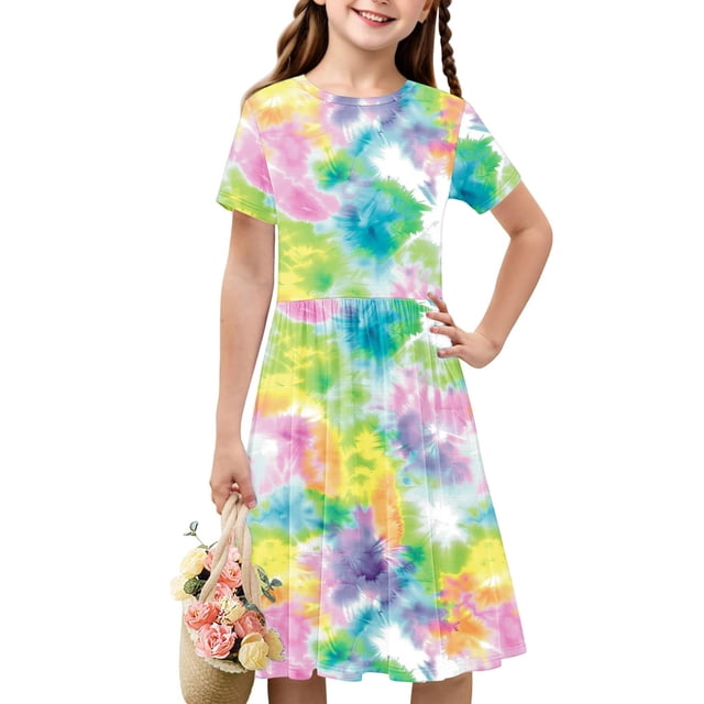 Liquidation Ventes Aujourd'hui Offres Iumwxz Tunique Robe Plissée Ample Robe Ligne A Robes Col Rond Teinture sur Nœuds Graphique Manches Courtes Robe pour Filles Robes Décontractées pour la Maison Fête 4-14a