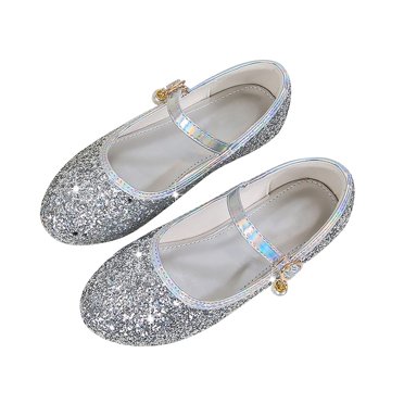 GiLiling Girls Mary Jane Dress Shoes, Gold Glitter Flats with Pearl Ankle Strap, Comfortable Wedding Party Shoes for Kids (Silver, 9.5-10 Years)