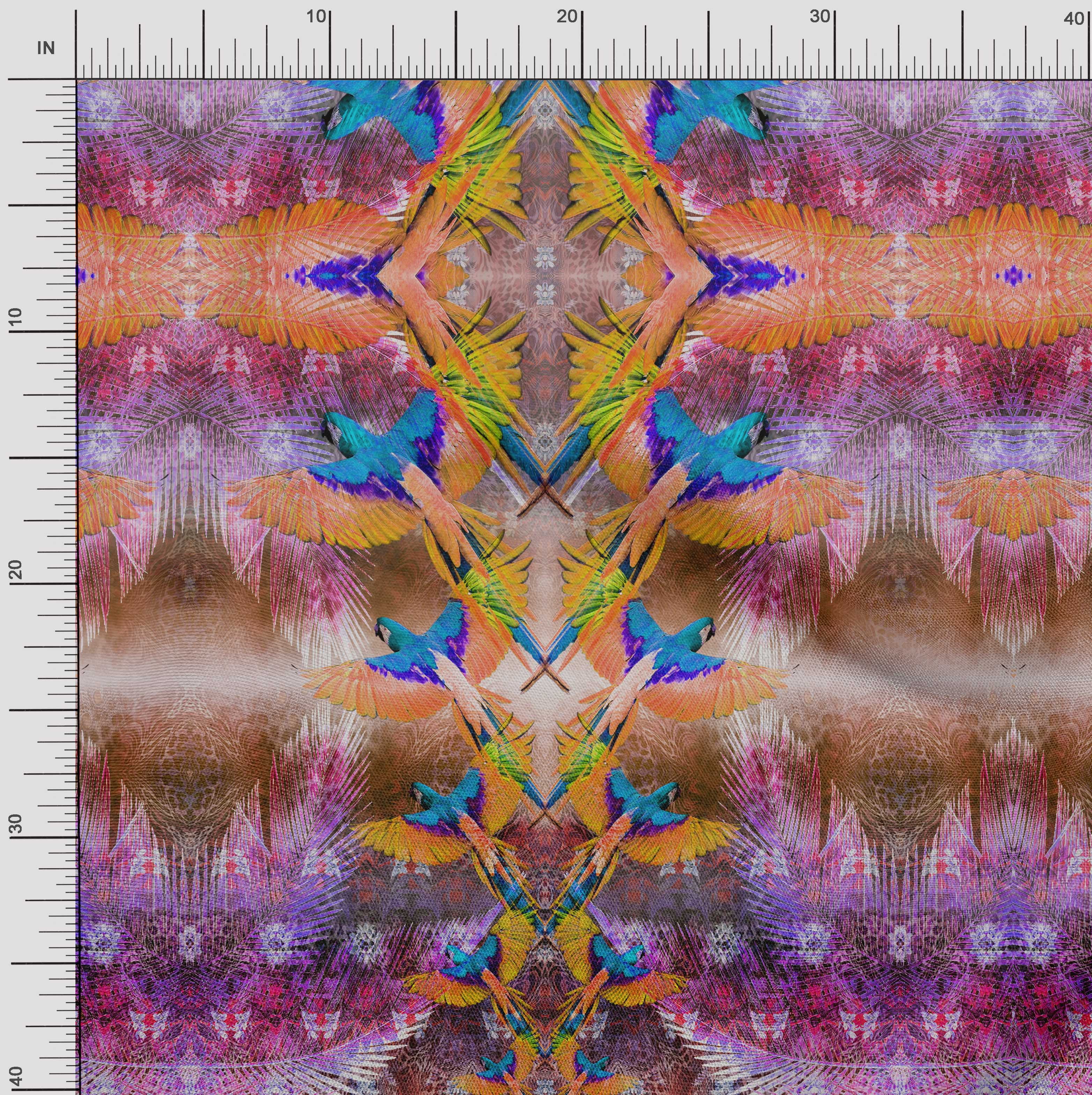Soimoi Crepe Silk Fabric Branch & Colorful Parrot Panel Decor Fabric Printed Yard 42 Inch Wide
