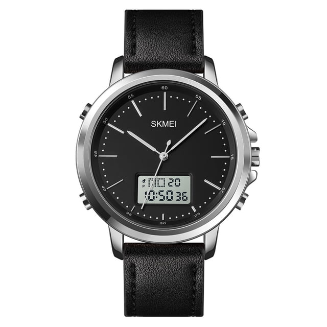 SKMEI Mens Watch Minimalism Analog Digital Watch with Alarm Stopwatch LED Backlight Leather Strap Classic Electronic Wrist Watch