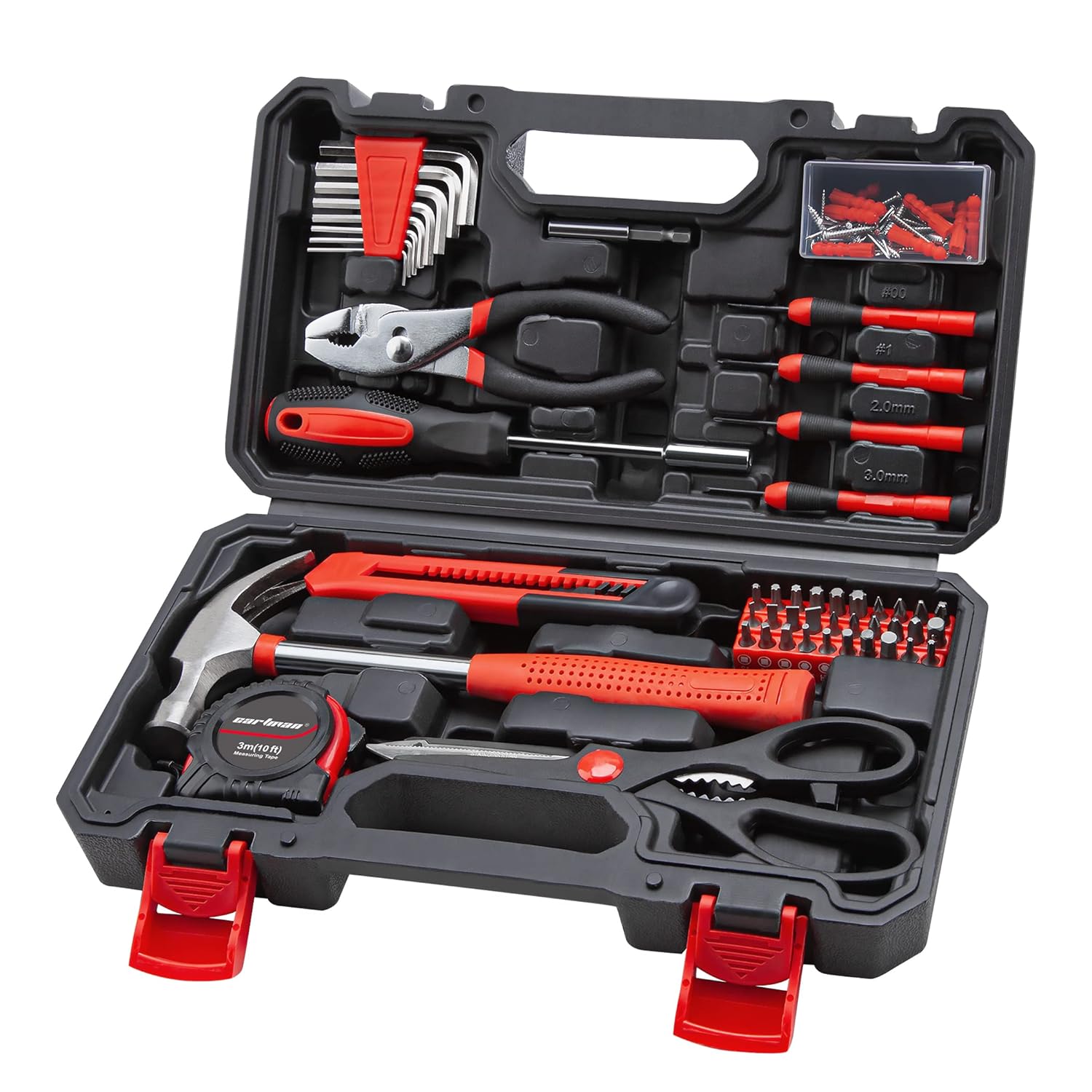 Tool Set General Household Hand Tool Kit With Plastic Toolbox, Storage Case, Red & Black | Hammer, Pliers & Screwdrivers Tool, Durable & Reliable | Portable & Lightweight, Repairs, Diy