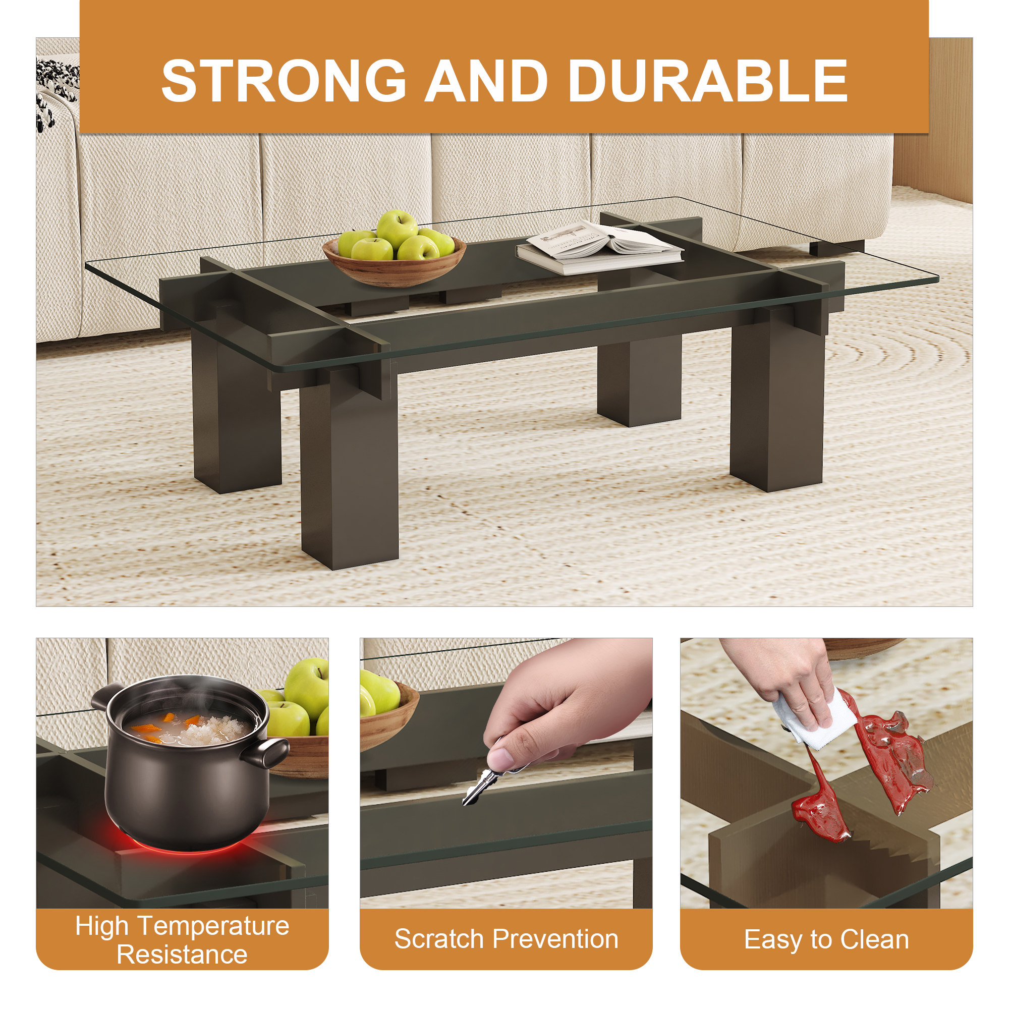 Noble House Table basculante rectangulaire en verre trempé de 24x36", uniquement le plan de travail, transparent résistant à la chaleur pour cuisine ou restaurant, transparent