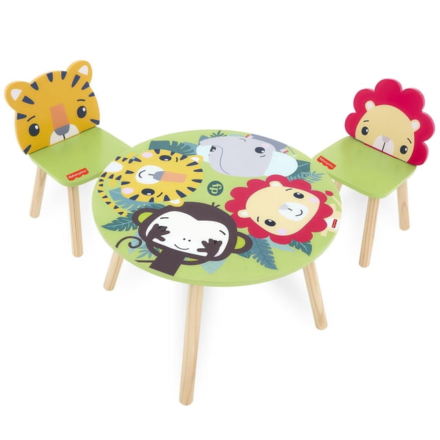 Fisher Price Fauna Collection Brave Heart Table Chair Set by Dream On Me with a round green activity table featuring playful jungle animal faces including monkey, lion, tiger, and elephant, paired with two toddler chairs with tiger and lion-shaped backrests on natural wood legs, suitable for play and snack time.