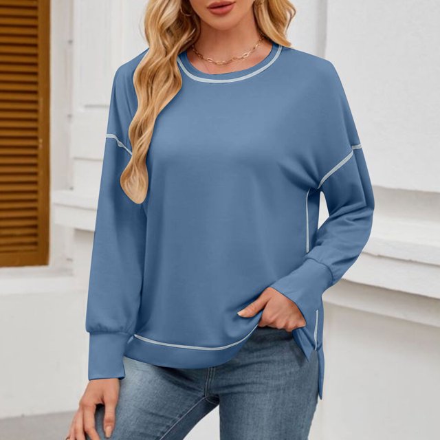 TACILIP Chandails à Col Rond pour Femmes, Hauts à Enfiler, Chemises à Manches Longues, Fente Latérale, Tenues Décontractées d'Hiver et d'Automne