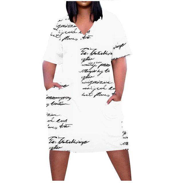 Pisexur Robes d'Été pour Femmes Mode à Imprimé Floral Robe Soleil Décontractée Ample à Col en V à Manches Courtes Robes T-Shirt Fluides Surdimensionnées Robe de Plage avec Poches Grande Taille Robe Mi-Mollet L-5TG