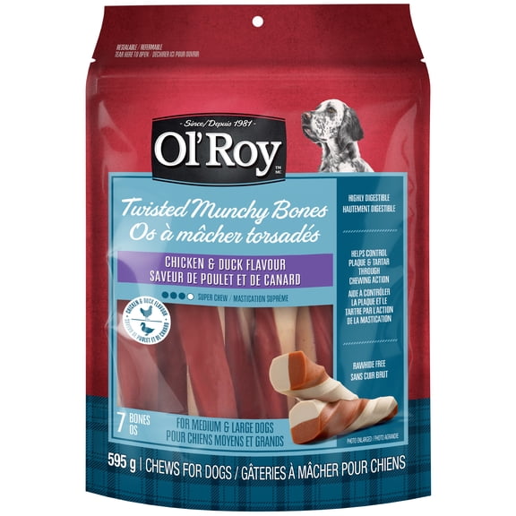 Ol' Roy Chicken & Duck Flavour Twisted Munchy Bones Chews for Dogs, 595 g, 7 bones